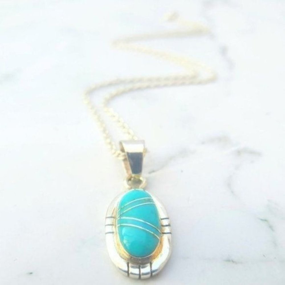 Jim Castillo Navajo 925 Sterling Silver Turquoise Inlay Pendant Necklace 18"